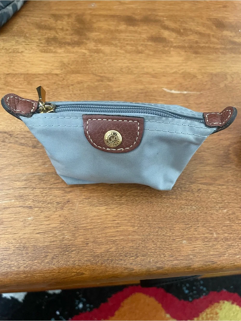 Longchamp Small Gray Pouch with Brown Leather Trim